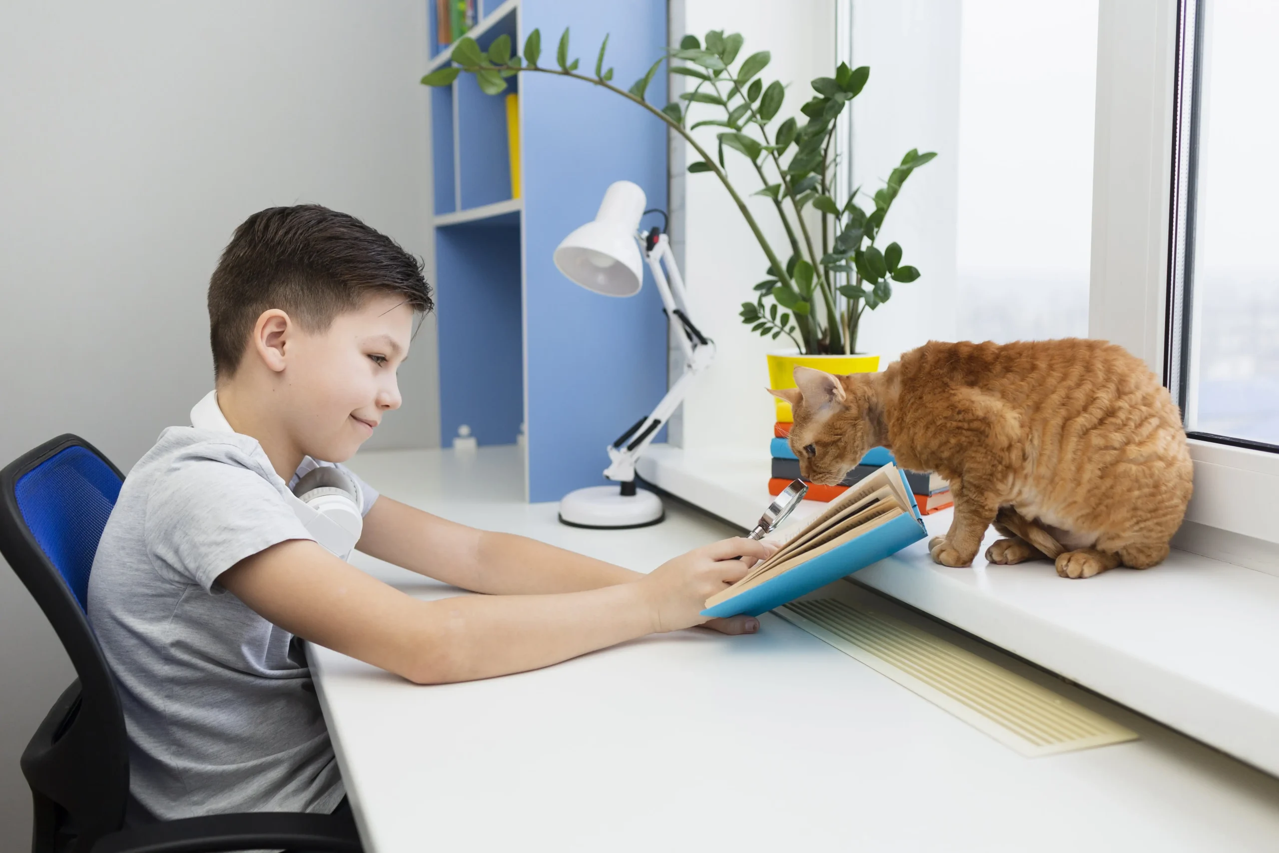 curious cat looking at the book