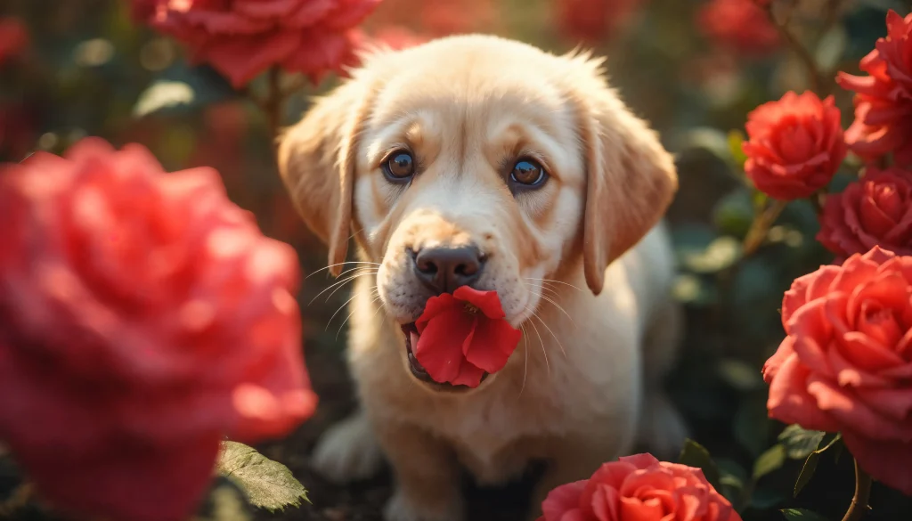 beautiful dog surrounded by flowers